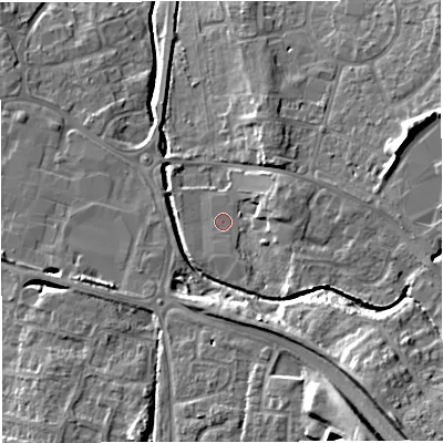 Shaded relief map of the ground around BS374FT, computed from Environment Agency LiDAR. The ground here sits at about 82 m above sea level and falls 17 m across the surrounding 800 m. Surface water reaching this point runs off ground lying to the south, 0.7 m higher.