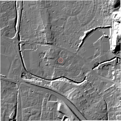 Shaded relief map of the ground around BS374FZ, computed from Environment Agency LiDAR. The ground here sits at about 84 m above sea level and falls 35 m across the surrounding 800 m. Surface water reaching this point runs off ground lying to the west, 1.5 m higher.