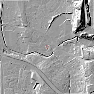 Shaded relief map of the ground around BS374XH, computed from Environment Agency LiDAR. The ground here sits at about 84 m above sea level and falls 34 m across the surrounding 800 m. Surface water reaching this point runs off ground lying to the east-south-east, 21.2 m higher.