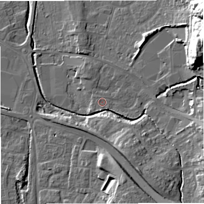 Shaded relief map of the ground around BS374XT, computed from Environment Agency LiDAR. The ground here sits at about 84 m above sea level and falls 35 m across the surrounding 800 m. Surface water reaching this point runs off ground lying to the south, 1.2 m higher.