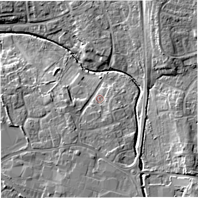 Shaded relief map of the ground around BS375BG, computed from Environment Agency LiDAR. The ground here sits at about 79 m above sea level and falls 13 m across the surrounding 800 m. Surface water reaching this point runs off ground lying to the south-west, 4.2 m higher.