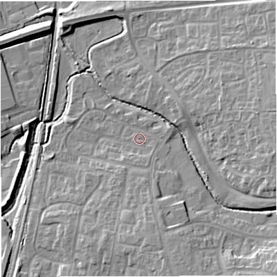 Shaded relief map of the ground around BS375DA, computed from Environment Agency LiDAR. The ground here sits at about 70 m above sea level and falls 13 m across the surrounding 800 m. Surface water reaching this point runs off ground lying to the south-south-east, 6.0 m higher.