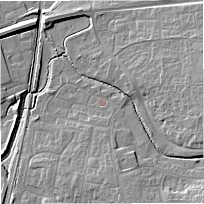 Shaded relief map of the ground around BS375DB, computed from Environment Agency LiDAR. The ground here sits at about 70 m above sea level and falls 13 m across the surrounding 800 m. Surface water reaching this point runs off ground lying to the south-south-east, 6.1 m higher.