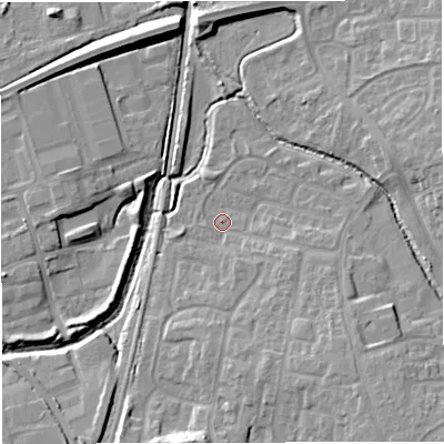Shaded relief map of the ground around BS375ED, computed from Environment Agency LiDAR. The ground here sits at about 69 m above sea level and falls 13 m across the surrounding 800 m. Surface water reaching this point runs off ground lying to the south-east, 6.7 m higher.