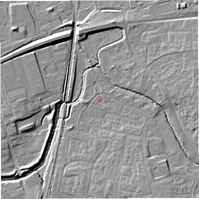 Shaded relief map of the ground around BS375EE, computed from Environment Agency LiDAR. The ground here sits at about 69 m above sea level and falls 12 m across the surrounding 800 m. Surface water reaching this point runs off ground lying to the south-south-east, 7.0 m higher.