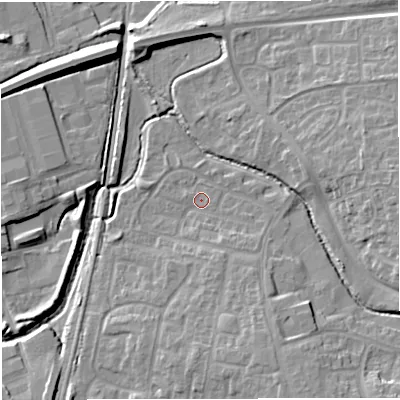 Shaded relief map of the ground around BS375EF, computed from Environment Agency LiDAR. The ground here sits at about 69 m above sea level and falls 12 m across the surrounding 800 m. Surface water reaching this point runs off ground lying to the south-east, 2.8 m higher.