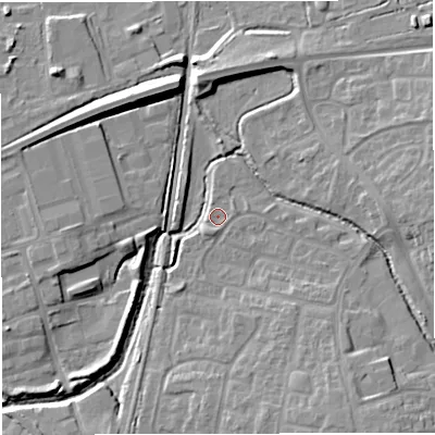 Shaded relief map of the ground around BS375HB, computed from Environment Agency LiDAR. The ground here sits at about 69 m above sea level and falls 12 m across the surrounding 800 m. Surface water reaching this point runs off ground lying to the south-east, 7.0 m higher.