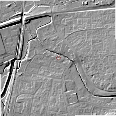 Shaded relief map of the ground around BS375HD, computed from Environment Agency LiDAR. The ground here sits at about 69 m above sea level and falls 13 m across the surrounding 800 m. Surface water reaching this point runs off ground lying to the east-south-east, 10.1 m higher.