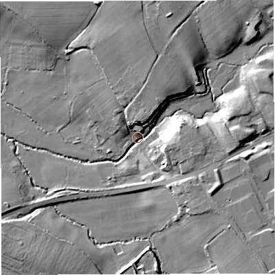 Shaded relief map of the ground around BS375JG, computed from Environment Agency LiDAR. The ground here sits at about 59 m above sea level and falls 17 m across the surrounding 800 m. Surface water reaching this point runs off ground lying to the north-north-east, 14.2 m higher.