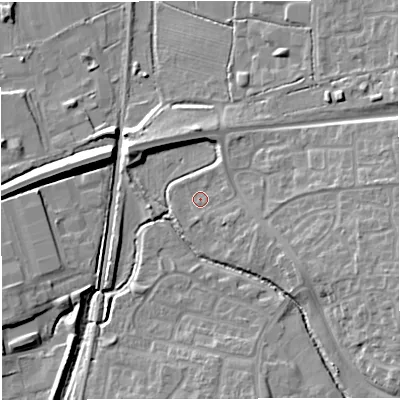 Shaded relief map of the ground around BS375TW, computed from Environment Agency LiDAR. The ground here sits at about 69 m above sea level and falls 12 m across the surrounding 800 m. Surface water reaching this point runs off ground lying to the east-south-east, 7.4 m higher.