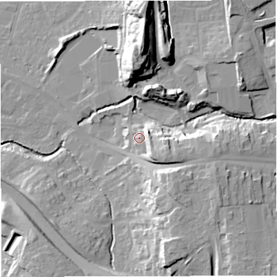 Shaded relief map of the ground around BS376AX, computed from Environment Agency LiDAR. The ground here sits at about 92 m above sea level and falls 32 m across the surrounding 800 m. Surface water reaching this point runs off ground lying to the east-south-east, 10.3 m higher.