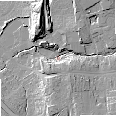 Shaded relief map of the ground around BS376AZ, computed from Environment Agency LiDAR. The ground here sits at about 88 m above sea level and falls 30 m across the surrounding 800 m. Surface water reaching this point runs off ground lying to the south-south-east, 18.9 m higher.