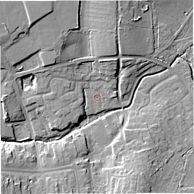 Shaded relief map of the ground around BS376BS, computed from Environment Agency LiDAR. The ground here sits at about 93 m above sea level and falls 16 m across the surrounding 800 m. Surface water reaching this point runs off ground lying to the north-east, 2.1 m higher.