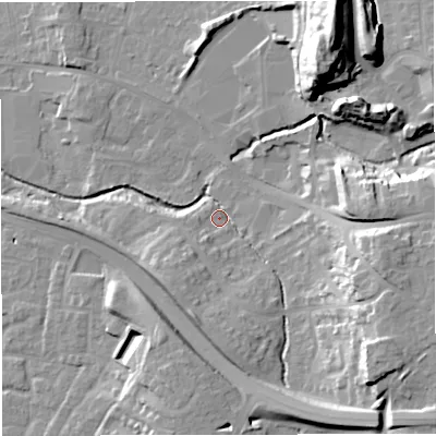 Shaded relief map of the ground around BS376HH, computed from Environment Agency LiDAR. The ground here sits at about 86 m above sea level and falls 33 m across the surrounding 800 m. Surface water reaching this point runs off ground lying to the south-east, 20.5 m higher.