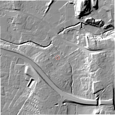 Shaded relief map of the ground around BS376HQ, computed from Environment Agency LiDAR. The ground here sits at about 87 m above sea level and falls 33 m across the surrounding 800 m. Surface water reaching this point runs off ground lying to the south-south-west, 7.2 m higher.