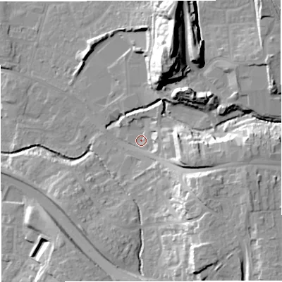Shaded relief map of the ground around BS376JL, computed from Environment Agency LiDAR. The ground here sits at about 86 m above sea level and falls 32 m across the surrounding 800 m. Surface water reaching this point runs off ground lying to the east-south-east, 18.9 m higher.