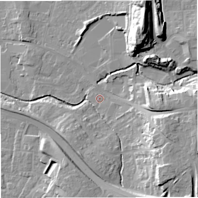 Shaded relief map of the ground around BS376JX, computed from Environment Agency LiDAR. The ground here sits at about 85 m above sea level and falls 32 m across the surrounding 800 m. Surface water reaching this point runs off ground lying to the south-east, 20.4 m higher.