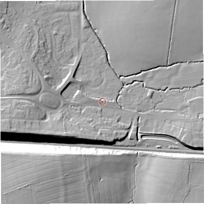 Shaded relief map of the ground around BS376LH, computed from Environment Agency LiDAR. The ground here sits at about 97 m above sea level and falls 30 m across the surrounding 800 m. Surface water reaching this point runs off ground lying to the west-south-west, 14.3 m higher.
