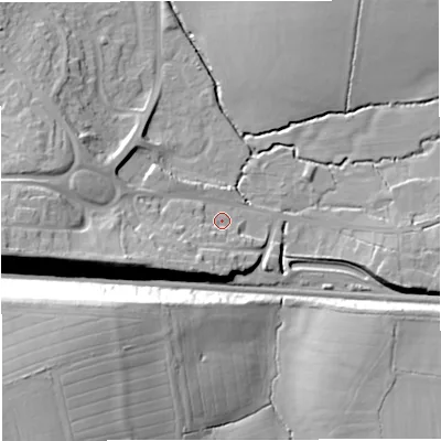 Shaded relief map of the ground around BS376LL, computed from Environment Agency LiDAR. The ground here sits at about 97 m above sea level and falls 29 m across the surrounding 800 m. Surface water reaching this point runs off ground lying to the south-west, 9.9 m higher.