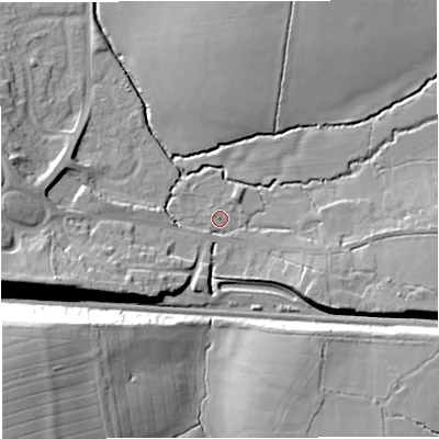 Shaded relief map of the ground around BS376LP, computed from Environment Agency LiDAR. The ground here sits at about 96 m above sea level and falls 28 m across the surrounding 800 m. Surface water reaching this point runs off ground lying to the south-west, 9.8 m higher.
