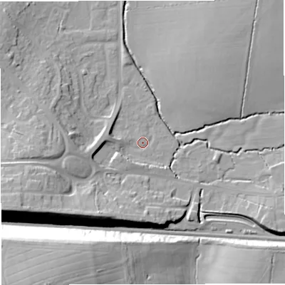 Shaded relief map of the ground around BS376NH, computed from Environment Agency LiDAR. The ground here sits at about 95 m above sea level and falls 29 m across the surrounding 800 m. Surface water reaching this point runs off ground lying to the west-south-west, 18.7 m higher.