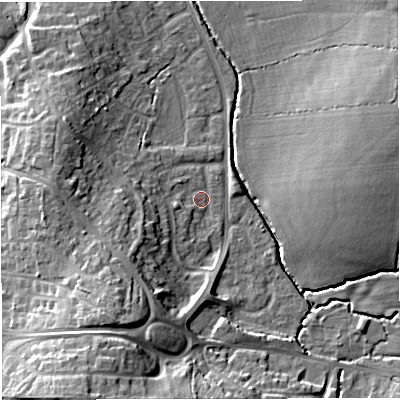 Shaded relief map of the ground around BS376NN, computed from Environment Agency LiDAR. The ground here sits at about 94 m above sea level and falls 22 m across the surrounding 800 m. Surface water reaching this point runs off ground lying to the south-west, 15.2 m higher.