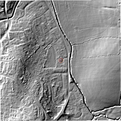 Shaded relief map of the ground around BS376NP, computed from Environment Agency LiDAR. The ground here sits at about 93 m above sea level and falls 19 m across the surrounding 800 m. Surface water reaching this point runs off ground lying to the south-south-west, 15.2 m higher.