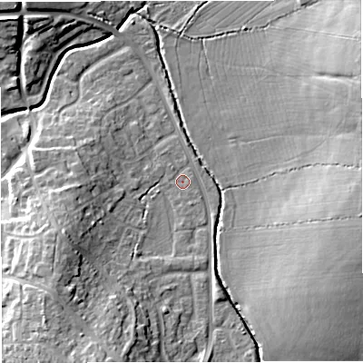 Shaded relief map of the ground around BS376NR, computed from Environment Agency LiDAR. The ground here sits at about 93 m above sea level and falls 14 m across the surrounding 800 m. Surface water reaching this point runs off ground lying to the south-south-west, 11.8 m higher.
