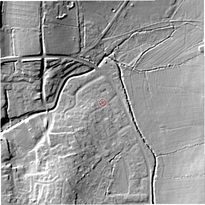 Shaded relief map of the ground around BS376NT, computed from Environment Agency LiDAR. The ground here sits at about 92 m above sea level and falls 12 m across the surrounding 800 m. Surface water reaching this point runs off ground lying to the south-west, 3.3 m higher.