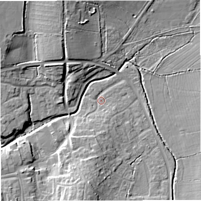 Shaded relief map of the ground around BS376NX, computed from Environment Agency LiDAR. The ground here sits at about 92 m above sea level and falls 13 m across the surrounding 800 m. Surface water reaching this point runs off ground lying to the south, 10.4 m higher.
