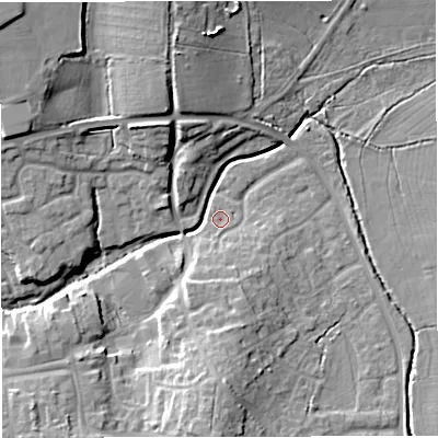 Shaded relief map of the ground around BS376NY, computed from Environment Agency LiDAR. The ground here sits at about 92 m above sea level and falls 14 m across the surrounding 800 m. Surface water reaching this point runs off ground lying to the south, 5.8 m higher.