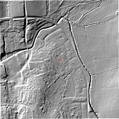 Shaded relief map of the ground around BS376NZ, computed from Environment Agency LiDAR. The ground here sits at about 93 m above sea level and falls 13 m across the surrounding 800 m. Surface water reaching this point runs off ground lying to the west, 1.8 m higher.