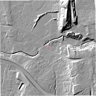 Shaded relief map of the ground around BS376PJ, computed from Environment Agency LiDAR. The ground here sits at about 85 m above sea level and falls 32 m across the surrounding 800 m. Surface water reaching this point runs off ground lying to the east-south-east, 20.0 m higher.