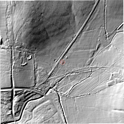 Shaded relief map of the ground around BS376PT, computed from Environment Agency LiDAR. The ground here sits at about 94 m above sea level and falls 25 m across the surrounding 800 m. Surface water reaching this point runs off ground lying to the north-north-west, 21.5 m higher.