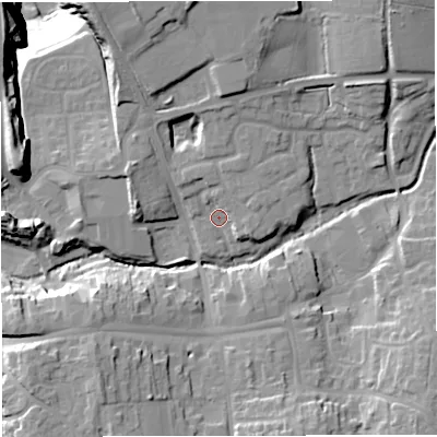 Shaded relief map of the ground around BS376RS, computed from Environment Agency LiDAR. The ground here sits at about 93 m above sea level and falls 40 m across the surrounding 800 m. Surface water reaching this point runs off ground lying to the north-north-east, 4.3 m higher.