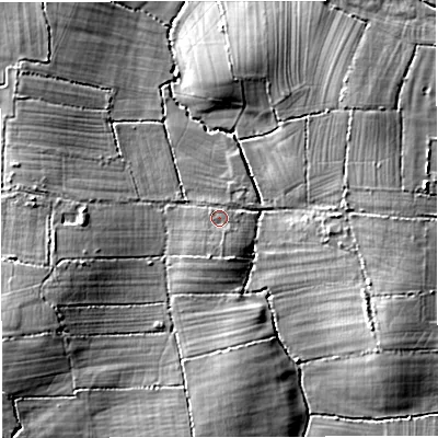 Shaded relief map of the ground around BS376SH, computed from Environment Agency LiDAR. The ground here sits at about 107 m above sea level and falls 15 m across the surrounding 800 m. Surface water reaching this point runs off ground lying to the south-south-west, 2.3 m higher.
