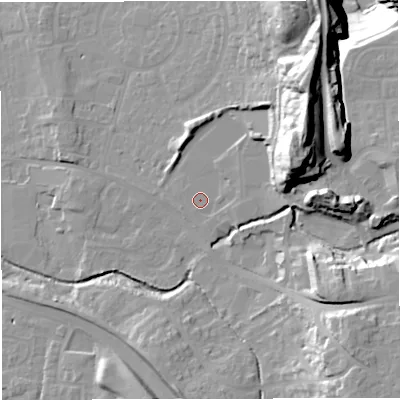 Shaded relief map of the ground around BS377AA, computed from Environment Agency LiDAR. The ground here sits at about 85 m above sea level and falls 46 m across the surrounding 800 m. Surface water reaching this point runs off ground lying to the east, 1.6 m higher.