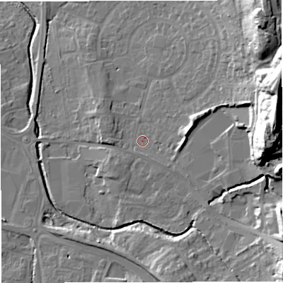 Shaded relief map of the ground around BS377AB, computed from Environment Agency LiDAR. The ground here sits at about 84 m above sea level and falls 36 m across the surrounding 800 m. Surface water reaching this point runs off ground lying to the east, 29.7 m higher.