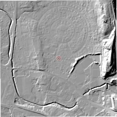 Shaded relief map of the ground around BS377AD, computed from Environment Agency LiDAR. The ground here sits at about 84 m above sea level and falls 45 m across the surrounding 800 m. Surface water reaching this point runs off ground lying to the east, 29.9 m higher.