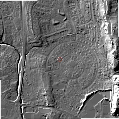 Shaded relief map of the ground around BS377AJ, computed from Environment Agency LiDAR. The ground here sits at about 82 m above sea level and falls 34 m across the surrounding 800 m. Surface water reaching this point runs off ground lying to the east-south-east, 27.9 m higher.