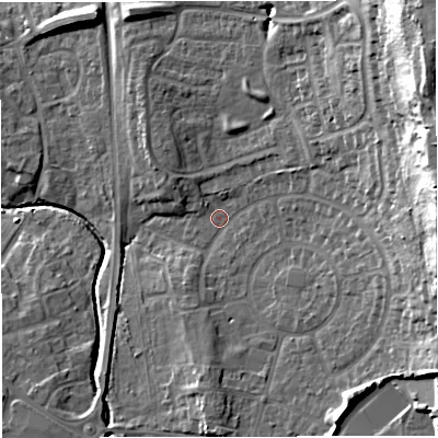 Shaded relief map of the ground around BS377AP, computed from Environment Agency LiDAR. The ground here sits at about 81 m above sea level and falls 33 m across the surrounding 800 m. Surface water reaching this point runs off ground lying to the north-east, 28.1 m higher.