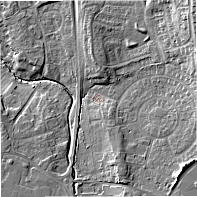 Shaded relief map of the ground around BS377AR, computed from Environment Agency LiDAR. The ground here sits at about 81 m above sea level and falls 21 m across the surrounding 800 m. Surface water reaching this point runs off ground lying to the north-east, 16.4 m higher.