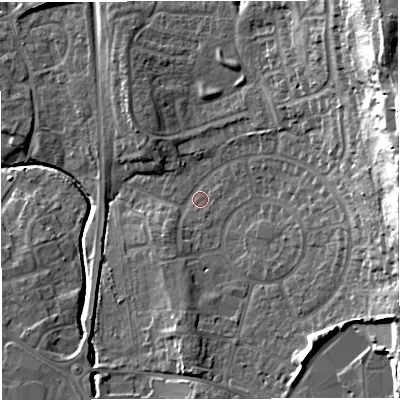 Shaded relief map of the ground around BS377AW, computed from Environment Agency LiDAR. The ground here sits at about 81 m above sea level and falls 33 m across the surrounding 800 m. Surface water reaching this point runs off ground lying to the east-north-east, 28.1 m higher.