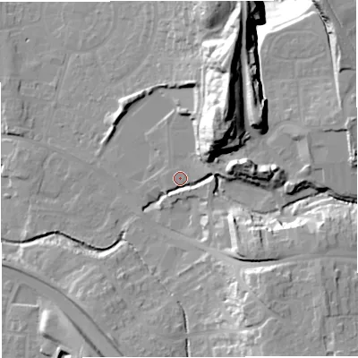 Shaded relief map of the ground around BS377AZ, computed from Environment Agency LiDAR. The ground here sits at about 86 m above sea level and falls 45 m across the surrounding 800 m. Surface water reaching this point runs off ground lying to the north-north-east, 28.9 m higher.