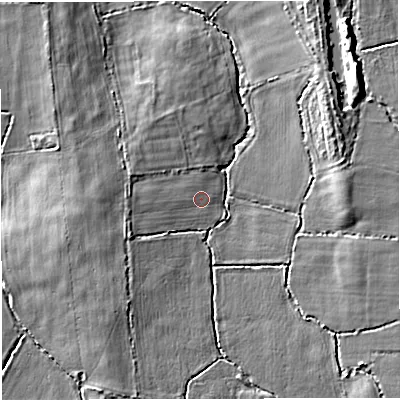 Shaded relief map of the ground around BS377EU, computed from Environment Agency LiDAR. The ground here sits at about 72 m above sea level and falls 10 m across the surrounding 800 m. Surface water reaching this point runs off ground lying to the west, 1.2 m higher.