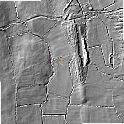 Shaded relief map of the ground around BS377EZ, computed from Environment Agency LiDAR. The ground here sits at about 72 m above sea level and falls 11 m across the surrounding 800 m. Surface water reaching this point runs off ground lying to the east, 5.6 m higher.