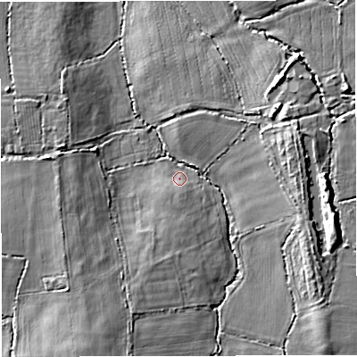 Shaded relief map of the ground around BS377FD, computed from Environment Agency LiDAR. The ground here sits at about 71 m above sea level and falls 11 m across the surrounding 800 m. Surface water reaching this point runs off ground lying to the south, 2.2 m higher.