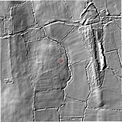 Shaded relief map of the ground around BS377FE, computed from Environment Agency LiDAR. The ground here sits at about 72 m above sea level and falls 11 m across the surrounding 800 m. Surface water reaching this point runs off ground lying to the south-west, 1.7 m higher.
