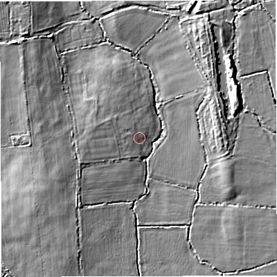 Shaded relief map of the ground around BS377FF, computed from Environment Agency LiDAR. The ground here sits at about 72 m above sea level and falls 11 m across the surrounding 800 m. Surface water reaching this point runs off ground lying to the west-north-west, 1.5 m higher.