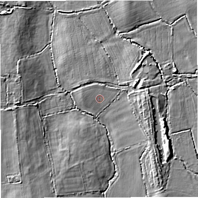 Shaded relief map of the ground around BS377GZ, computed from Environment Agency LiDAR. The ground here sits at about 72 m above sea level and falls 13 m across the surrounding 800 m. Surface water reaching this point runs off ground lying to the north-east, 1.3 m higher.